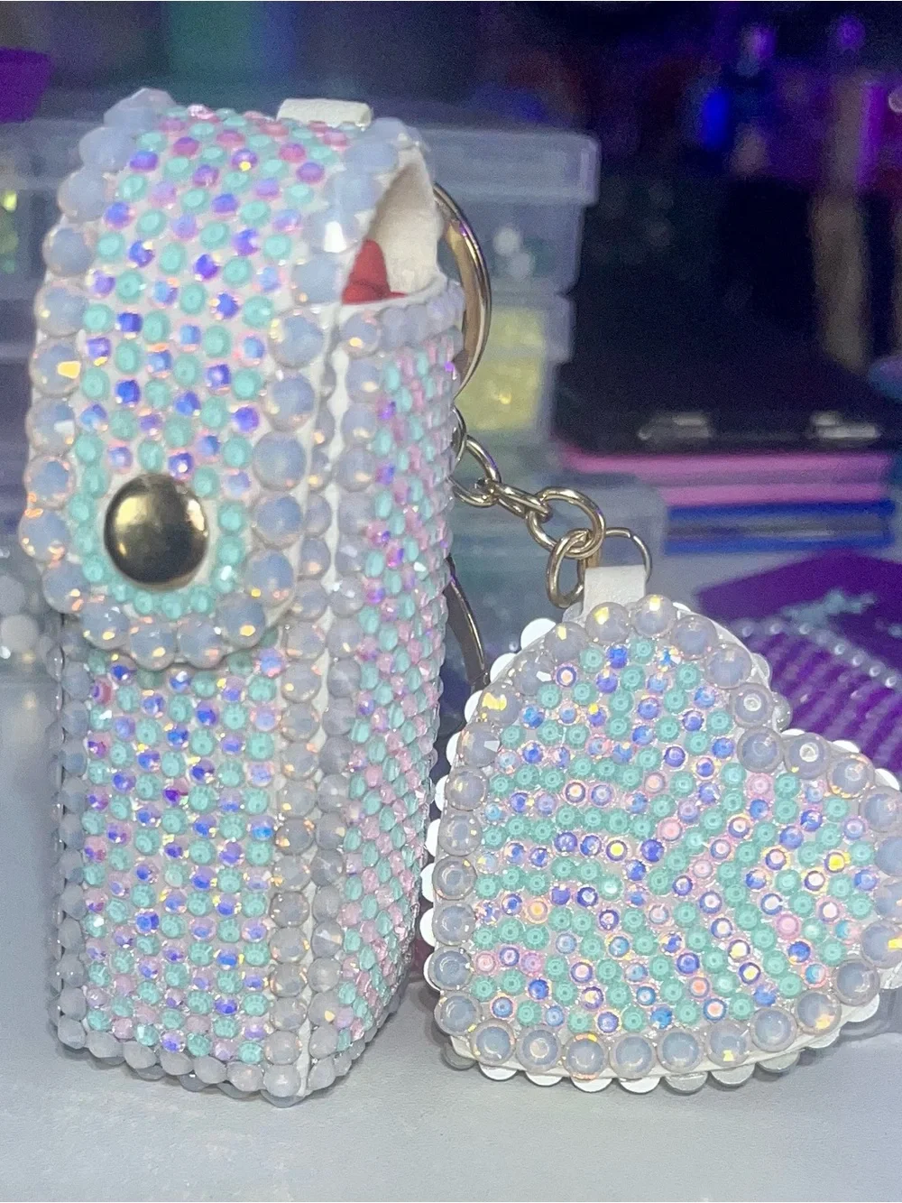Hand Crafted Unicorn Dream Iridescent Crystal Lipstick Case and Mirror Keychain